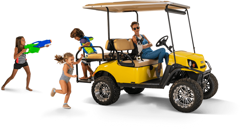 Lady and her family with a golf cart